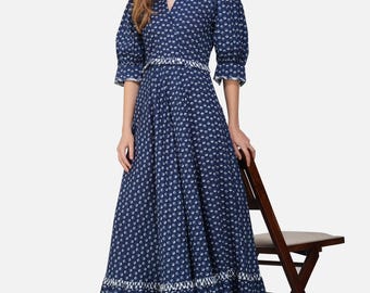 Organic Cotton Navy Maxi Dress, White Paisley Print, Puff Sleeves