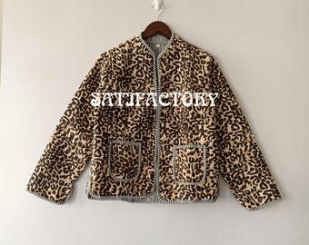 Leopard Print Quilted Jacket: Block Printed Boho Cotton Outerwear