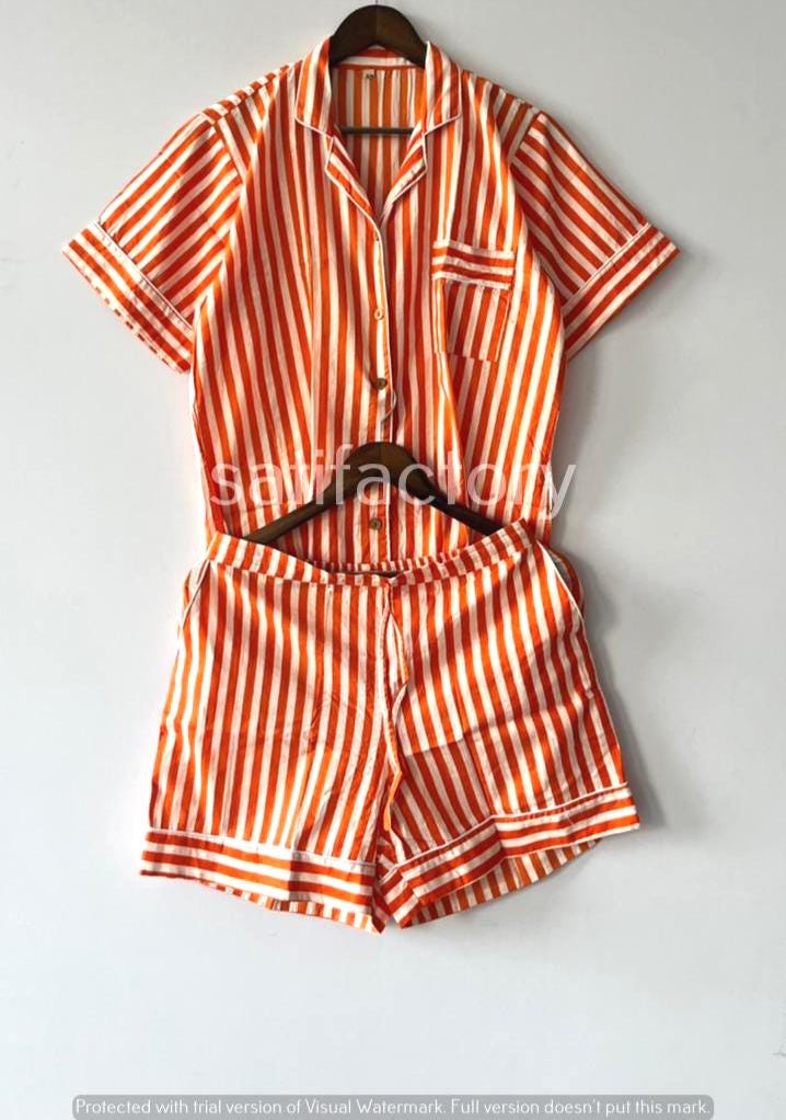 Orange Striped Cotton Pajama Set - Women's Summer Sleepwear