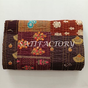 Silk Patchwork Kantha Quilt Blanket – Handmade Vintage Reversible Indian Bedspread, Hand Stitched