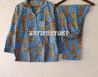 Women Cotton Pants Shirt Set, Pj Set, Night Suit, Indian Cotton Pajama Set, Cotton Hand Block Print, 100% Cotton Pyjama Set