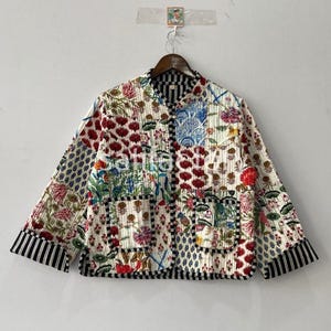 Handmade Floral White Patchwork Quilted Cotton Jacket: Bohemian Reversible Coat