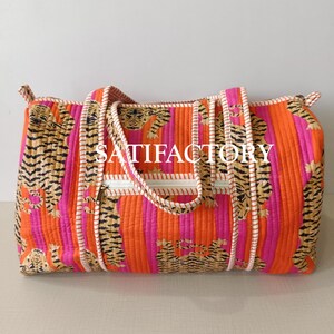 Orange Tiger Shoulder Bag, Handmade Cotton Block Print Duffle Bag, Travel Bag, Gym/Yoga Bag, Quilted Bag