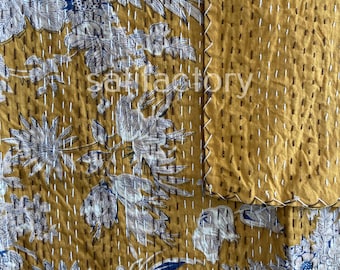Handmade Cotton Kantha Bedspread – Lightweight Quilted Throw