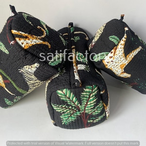 Set Of 3 Makeup Bags, Cotton Wash Bags, Women Toiletry Bags, Jungle Hand Block Print Bags, Reusable Bags, Beauty Bags, Women Cosmetic Bags