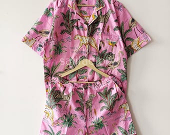 Hand-Block Printed Cotton Pajama Set, Summer Sleepwear with Pouch