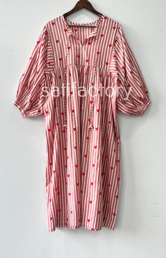 Handmade Cotton Gauze Midi Dress: Red Heart Print Smock - India Studio