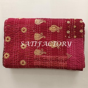 Red Silk Patchwork Kantha Quilt Blanket – Handmade Vintage Reversible Indian Bedspread,