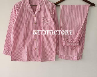Conjunto de pijama de algodón a rayas rosas: ropa de dormir bohemia para mujer, pijamas de dama de honor