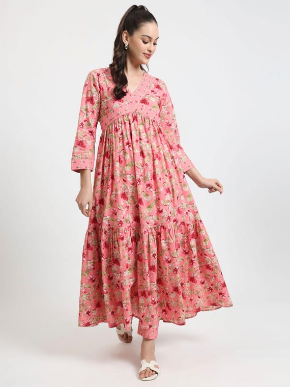 Women's Floral Print Cotton Maxi Dress With Pant, Pink, V-neck, 3/4 Sleeves, Empire Waist - Etsy Israel Women's Floral Print Cotton Maxi Dress With Pant, Pink, V-neck, 3/4 Sleeves, Empire Waist - Etsy Israel
