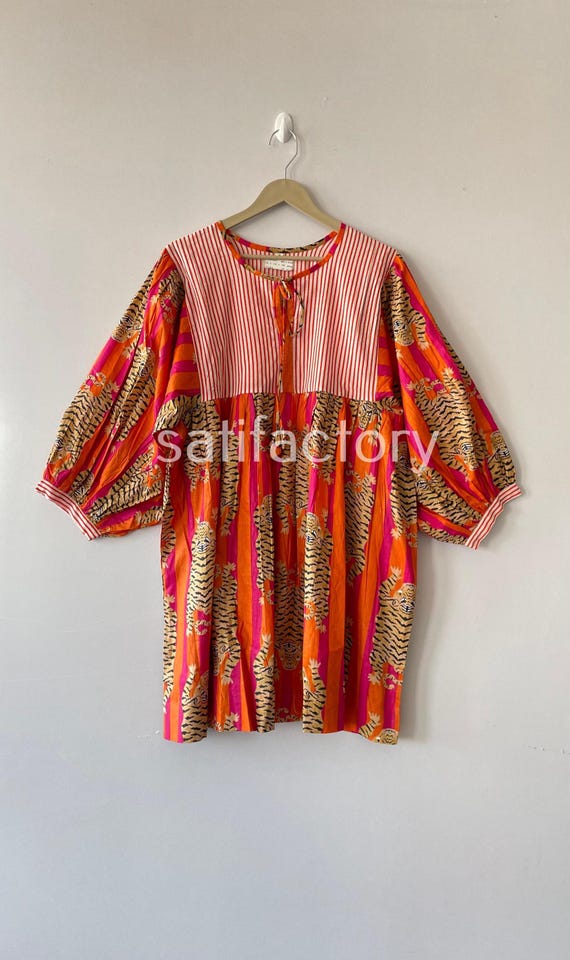 Handmade Cotton Gauze Midi Dress, Orange Stripes Tiger Print, Deep Neck