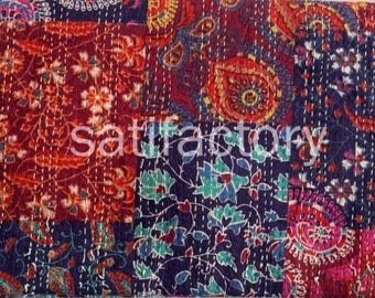 Indian Cotton Patchwork Kantha Quilt - Queen Bohemian Bedspread