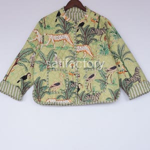Safari Print Quilted Jacket – Jungle Animal Cotton Coat – Handmade Reversible Boho Jacket for Women – Patchwork Style Cotton Quilted Jacket