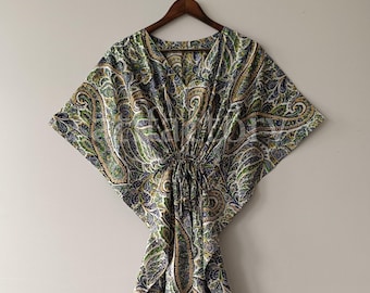 Floral Cotton Kaftan Dress, Indian Block Print, Maternity Beach Cover-Up