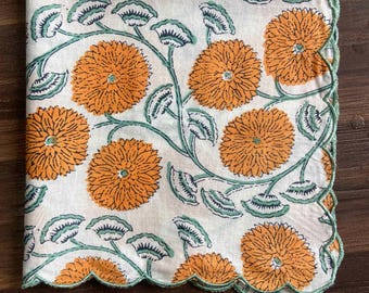 Block Printed Cotton Napkins (Set of 4) – Orange Floral, Scalloped Edge