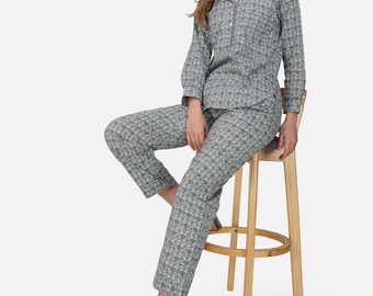 Organic Cotton Pajama Set, Grey Floral Print Sleepwear