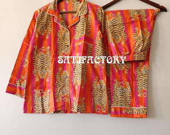 Handgemachter Baumwolle Pyjama Set: Orange Tiger Muster, Indische Nachtwäsche, bequeme Nachtwäsche Kleid