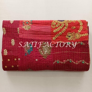 Handmade Red Patchwork Kantha Quilt – Bohemian Bedspread, Vintage Floral Embroidered Blanket Throw