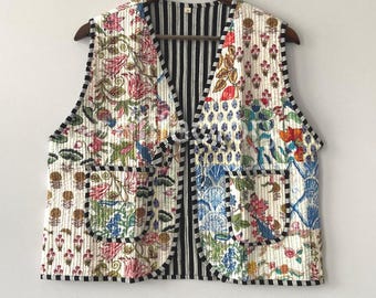 Chaleco acolchado de patchwork de algodón hecho a mano, chaqueta bohemia sin mangas
