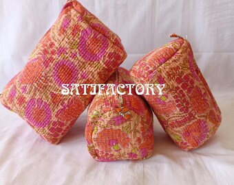 Quilted Cotton Toiletry Bag Set, Floral Block Print, Waterproof Lining