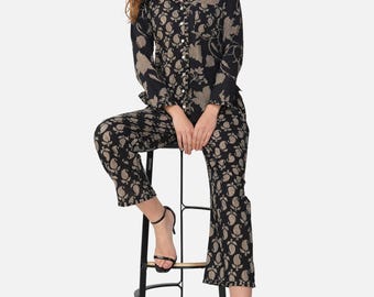 Floral Print Organic Cotton Jumpsuit, Long Sleeve Wide Leg