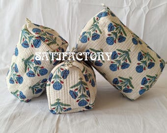 Hand Block Printed Quilted Toiletry Bag Set | Floral Cotton Travel Pouches