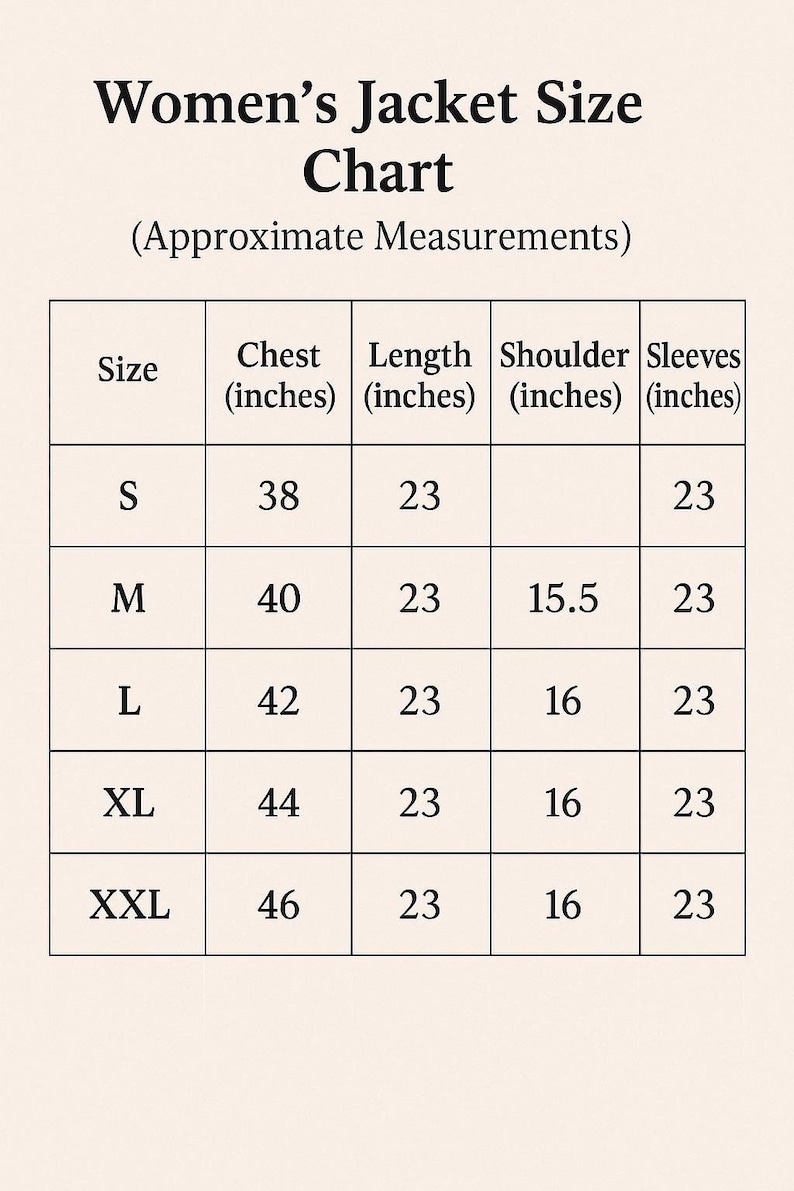 K&ouml;nnte beinhalten: Eine Jackengr&ouml;&szlig;entabelle mit ungef&auml;hren Ma&szlig;en. Gr&ouml;&szlig;en S bis XXL. Brustumfang von 96,5 cm bis 116,8 cm, L&auml;nge 58,4 cm, Schulterbreite von 39,4 cm bis 40,6 cm und &Auml;rmel 58,4 cm.