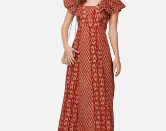 Floral Print Maxi Dress, Flutter Sleeves, Square Neck, Rust Red, Organic Cotton
