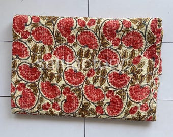 Floral Kantha Quilt, Red Hand Block Print Cotton Bedspread