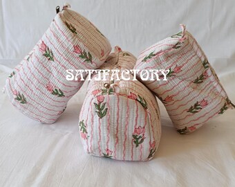 Handmade Quilted Makeup Bag Set: Block Printed Cotton Toiletry Bags