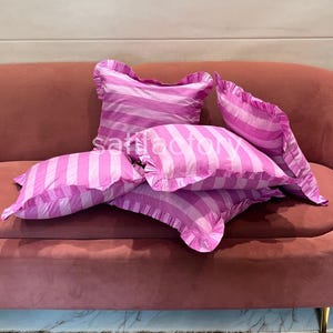 Hand Block Print Cotton Pillow Cover – Pink Stripes Ruffle Cushion – 16 Inch Boho Decor