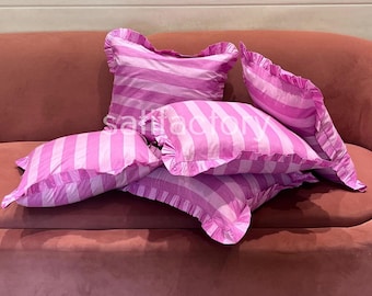 Hand Block Print Cotton Pillow Cover – Pink Stripes Ruffle Cushion – 16 Inch Boho Decor
