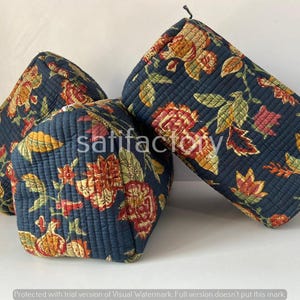 3-teiliges handbedrucktes Kulturbeutel-Set - Gesteppte Baumwolle - Reisebeutel - Kulturbeutel mit Blumenmuster - Boho Kulturbeutel - Geschenk Brautjungfer