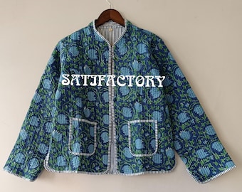 Hand Block Print Quilted Kimono Jacket: Blue Floral Cotton Coat