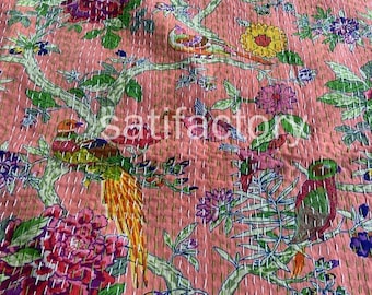 Handmade Peach Cotton Kantha Quilt – Floral Bird Print Bed Cover
