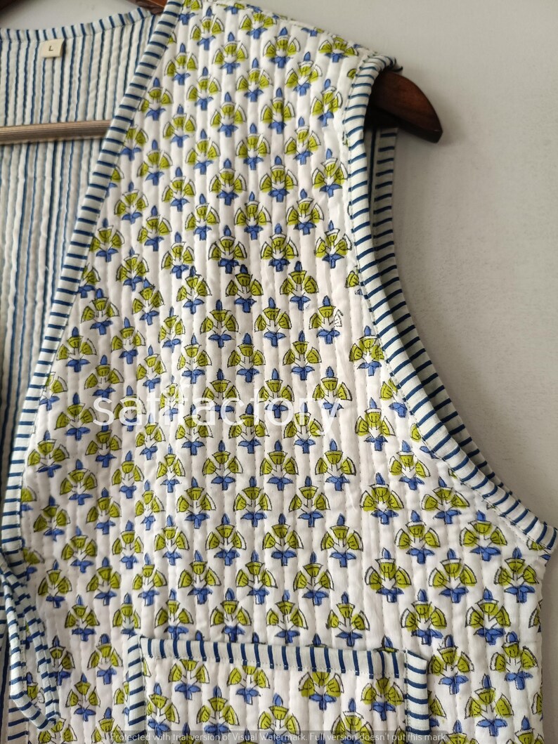 Handmade Cotton Quilted Vest, Floral Block Print Reversible Boho Jacket ...