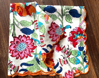 Hand Block Print Floral Napkins, Scallop Edge Organic Cotton