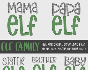 ELF FAMILY | 5 PNG Digital Download Files | Christmas, Holiday, Family T-Shirt Designs | Digital Instant Download | Hand Drawn Clip Art
