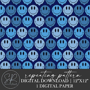 May include: A digital paper featuring a repeating pattern of blue smiley faces on a dark blue background. The smiley faces are dripping with a blue gradient effect. The text "repeating pattern" and "DIGITAL DOWNLOAD | 12"X12"" is at the bottom of the image.