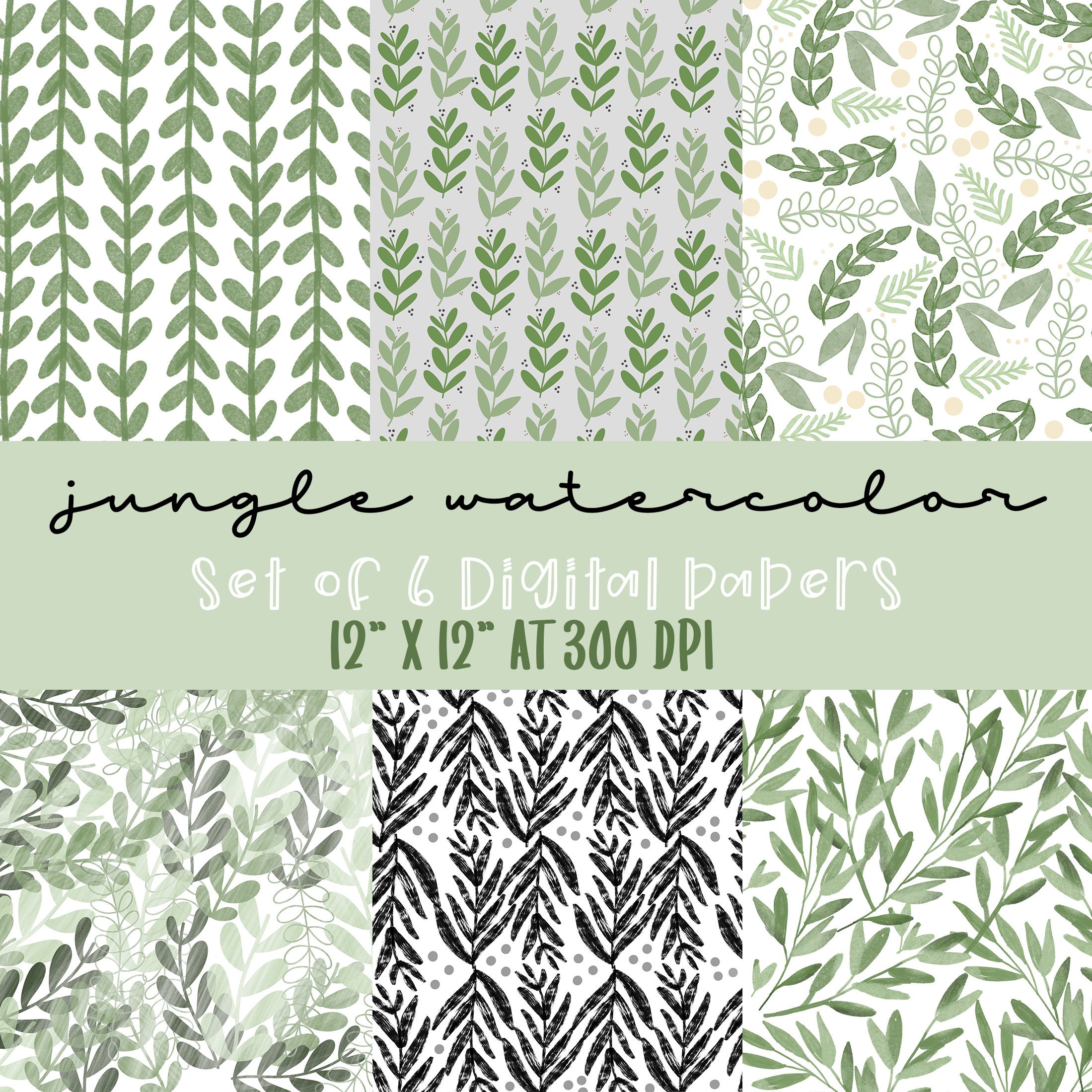 JUNGLE WATERCOLOR | Set of 6 Digital Papers | High Quality Instant Digital Download Digital Papers | Hand Drawn Watercolor Greenery
