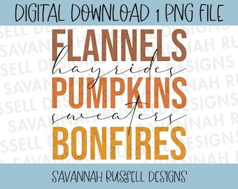 Flannels, Hayrides, Pumpkins, Sweaters, Bonfires Clip Art | 1 PNG Digital Download | Fall Autumn Trendy Clip Art | Digital Instant Download