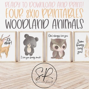 Woodland Animals Nursery Wall Printables - Set of Four | 4 PNG Digital Download | Watercolor, Deer, Bunny, Owl, Bear | Digital Download