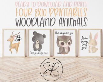 Woodland Animals Nursery Wall Printables - Set of Four | 4 PNG Digital Download | Watercolor, Deer, Bunny, Owl, Bear | Digital Download