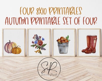 Fall Autumn Wall Decor Printables - Set of Four | 4 PNG Digital Download | Watercolor, Fall, Pumpkin, Apples, Boots, Leaf | Digital Download