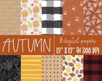AUTUMN | Set of 10 Digital Papers | High Quality Instant Download Digital Papers | Fall, Pumpkins, Leaves, Coffee, Pie, Buffalo Plaid