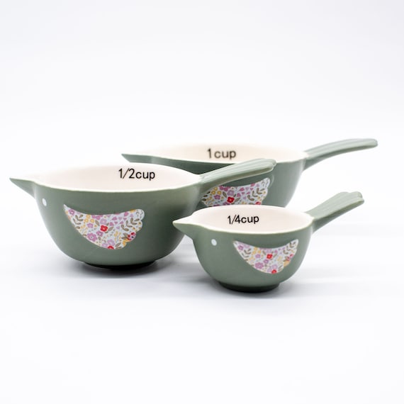 Nesting Measuring Cups Stackable Ceramic Set of 3 Farmhouse Style Bird Sage  Green With Floral 