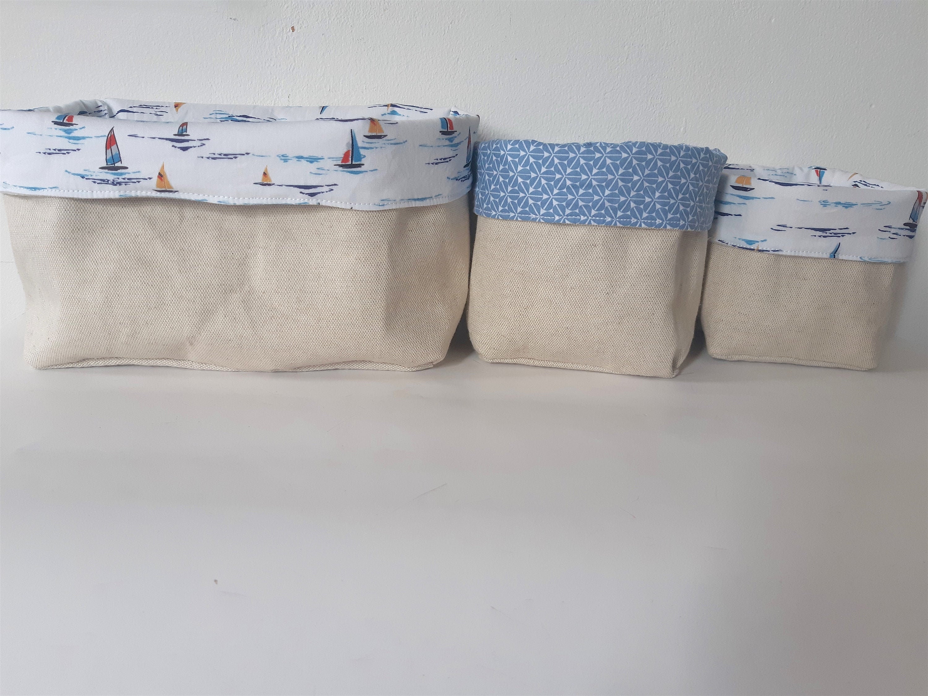 Panier Rangement Bébé Garçon, Corbeille Tissu, Couche, Panier Tissu Bébé, Panière Lin Marin Bateau