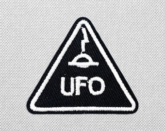 Small black ufo patches for hats, Space alien patches for jackets, Iron on backpack patches - set of 2