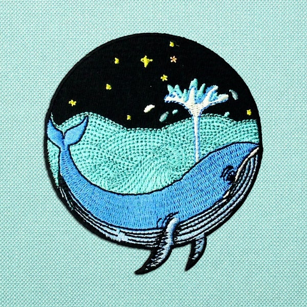 Ocean blue whale patch iron on, nature wildlife patch for backpacks