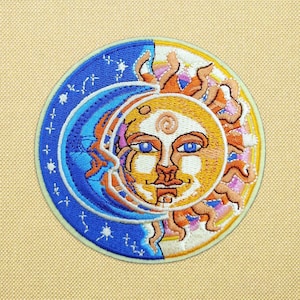 Sun and moon embroidery patch, Celestial nature patch for jackets, Boho art patches iron on